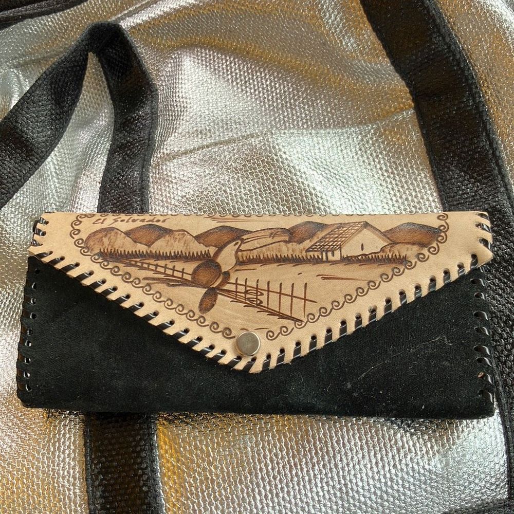 Leather Wallet Handmade Handcrafted Black Suede Tan Leather Handtooled